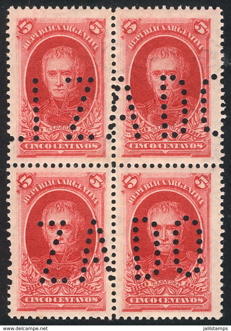 ARGENTINA: GJ.305, 5c. Centenary Of The 1810 Revolution, Block Of 4 With "INUTILIZADO" Perforation, VF Quality, Rare!" - Other & Unclassified