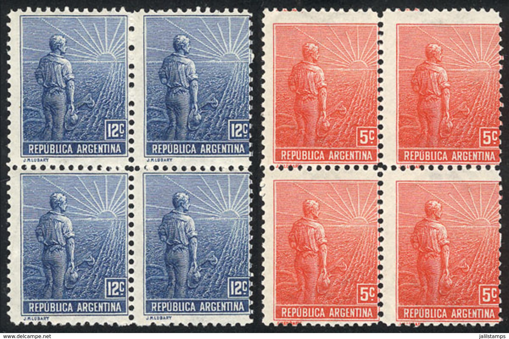 ARGENTINA: GJ.317/8, Plowman, Size 13.8 X 25.2 Mm, Cmpl. Set Of 2 Values, In MNH Blocks Of 4 - Autres & Non Classés