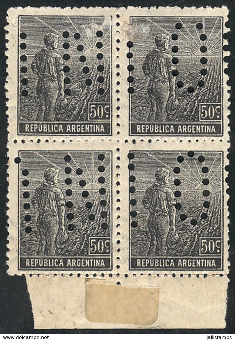 ARGENTINA: GJ.336, 50c. Plowman, Straight Rays Wmk, With "INUTILIZADO" Perforation, In Marginal Block Of 4, VF Quality" - Other & Unclassified