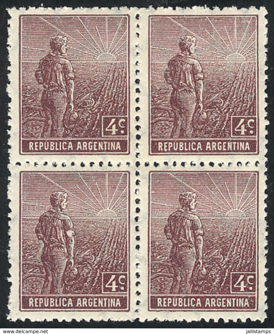 ARGENTINA: GJ.378, 4c. Plowman, Italian Paper With Vertical Honeycomb Wmk, Perf 13¼, MNH Block Of 4, VF Quality - Otros & Sin Clasificación