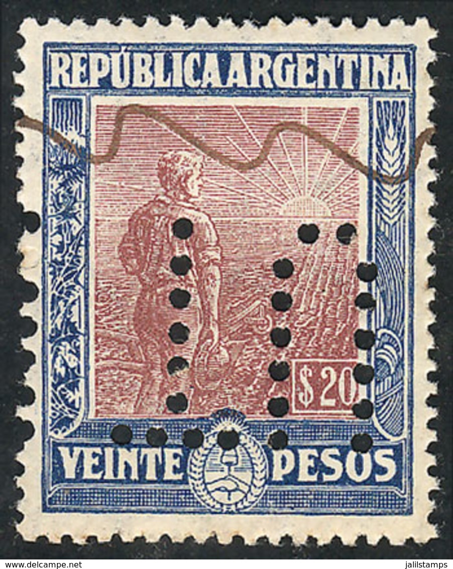 ARGENTINA: GJ.382O, 20P. Plowman, Italian Paper With Vertical Honeycomb Wmk, With "INUTILIZADO" Perforation, VF Quality" - Altri & Non Classificati