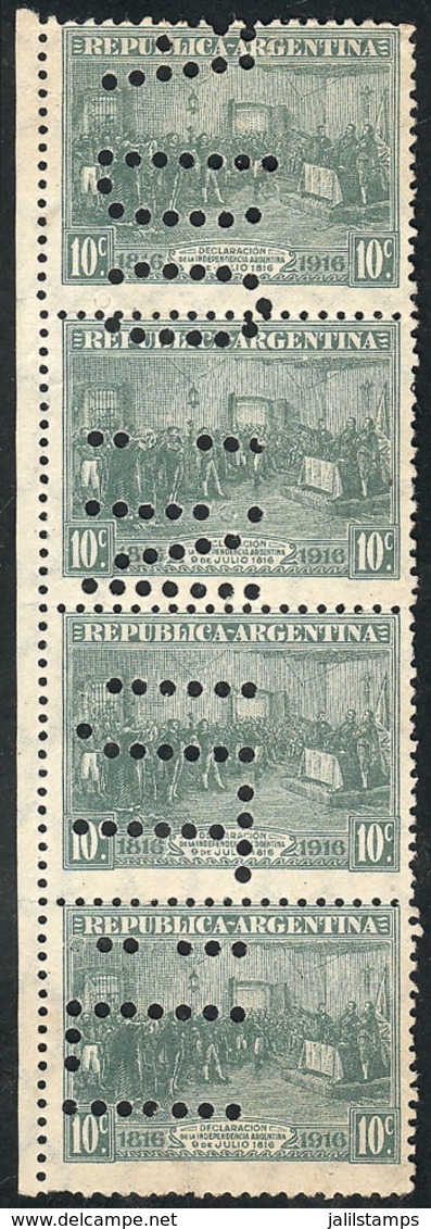 ARGENTINA: GJ.404, 10c. Centenary Of Independence, Strip Of 4 Stamps With "INUTILIZADO" Perforation, VF Quality" - Other & Unclassified