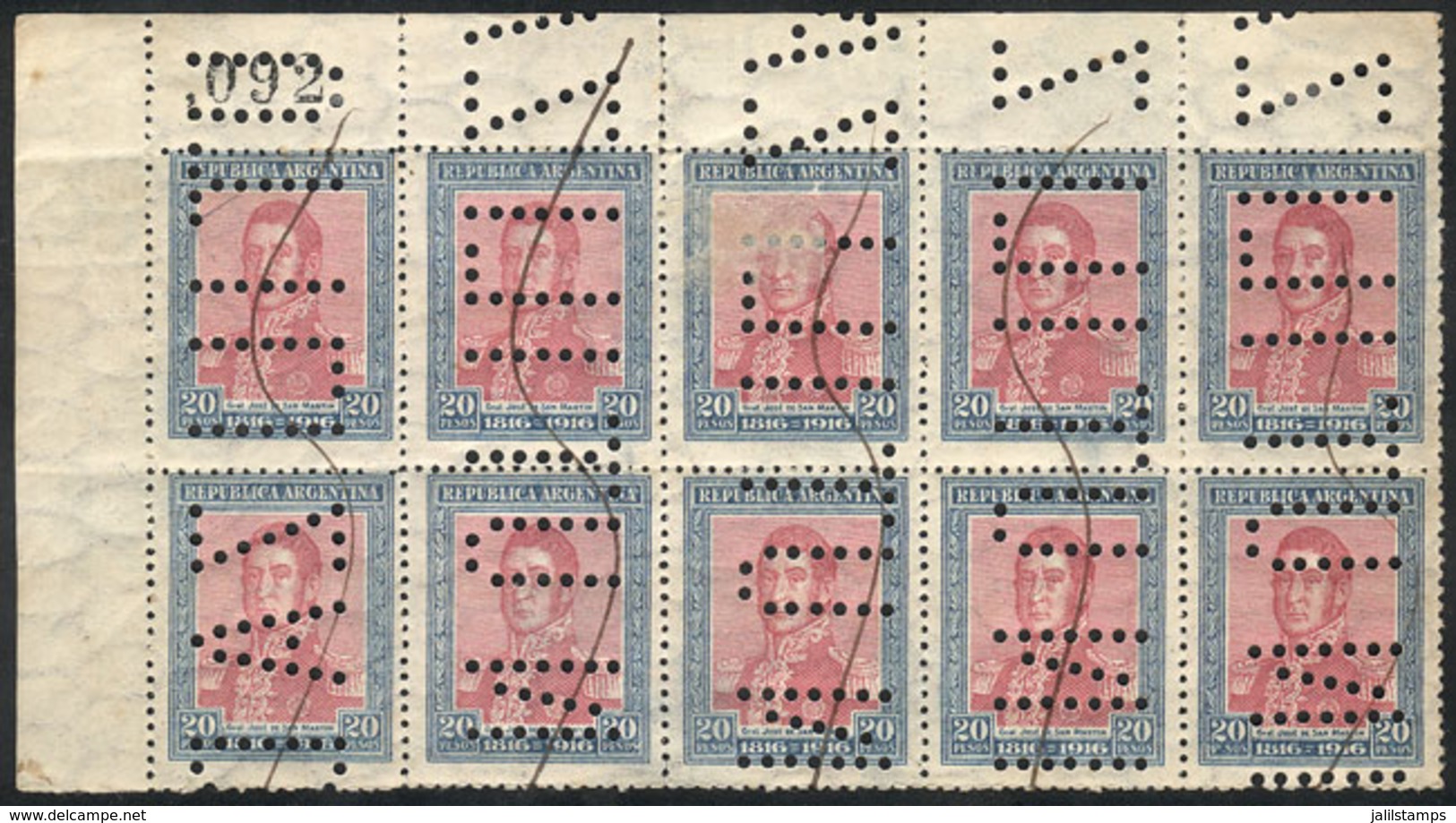 ARGENTINA: GJ.422O, 20P. Centenary Of Independece, Corner Block Of 10 Stamps With "INUTILIZADO" Perforation, VF" - Otros & Sin Clasificación