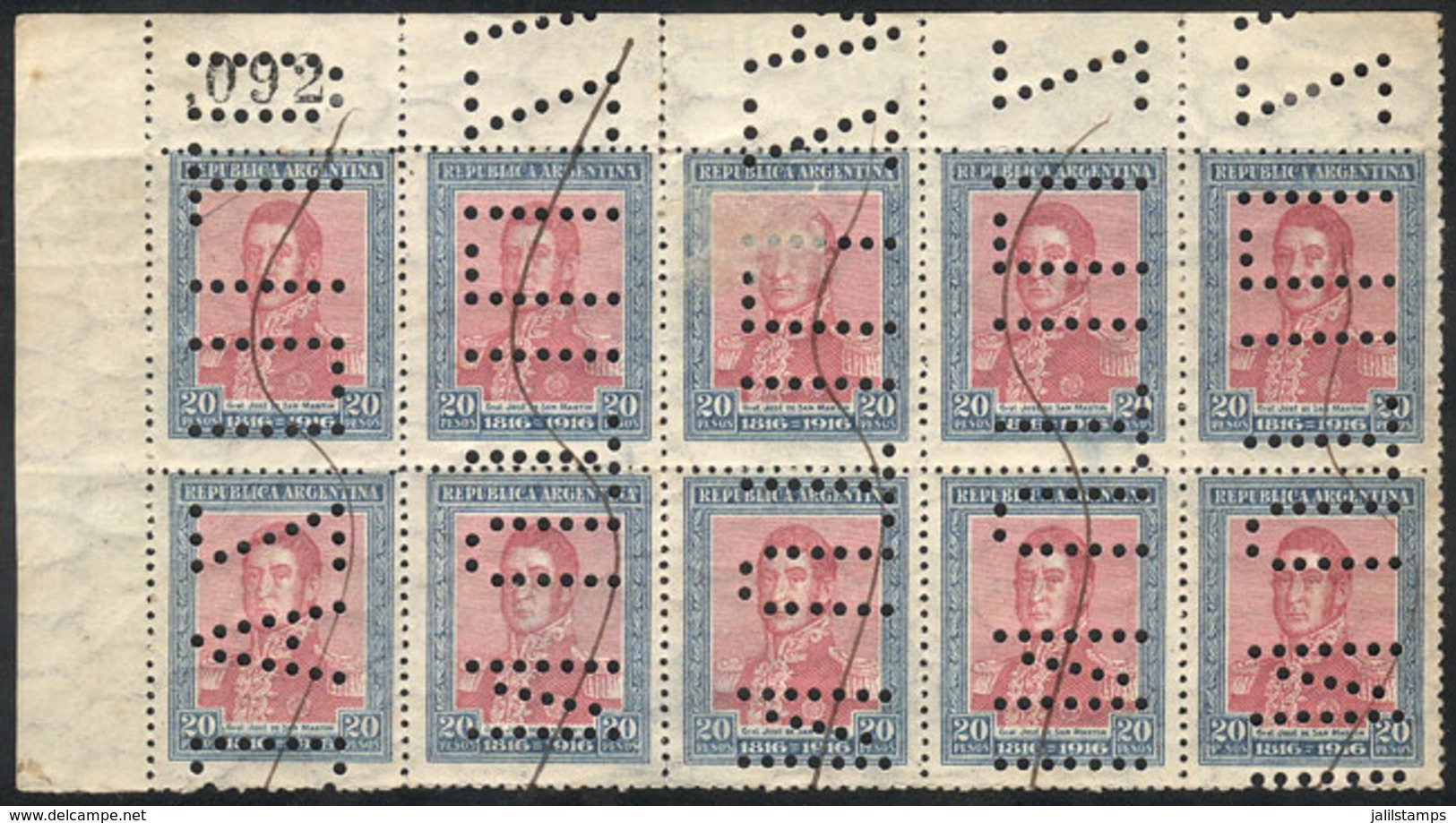 ARGENTINA: GJ.422O, 20P. Centenary Of Independece, Corner Block Of 10 Stamps With "INUTILIZADO" Perforation, VF" - Altri & Non Classificati