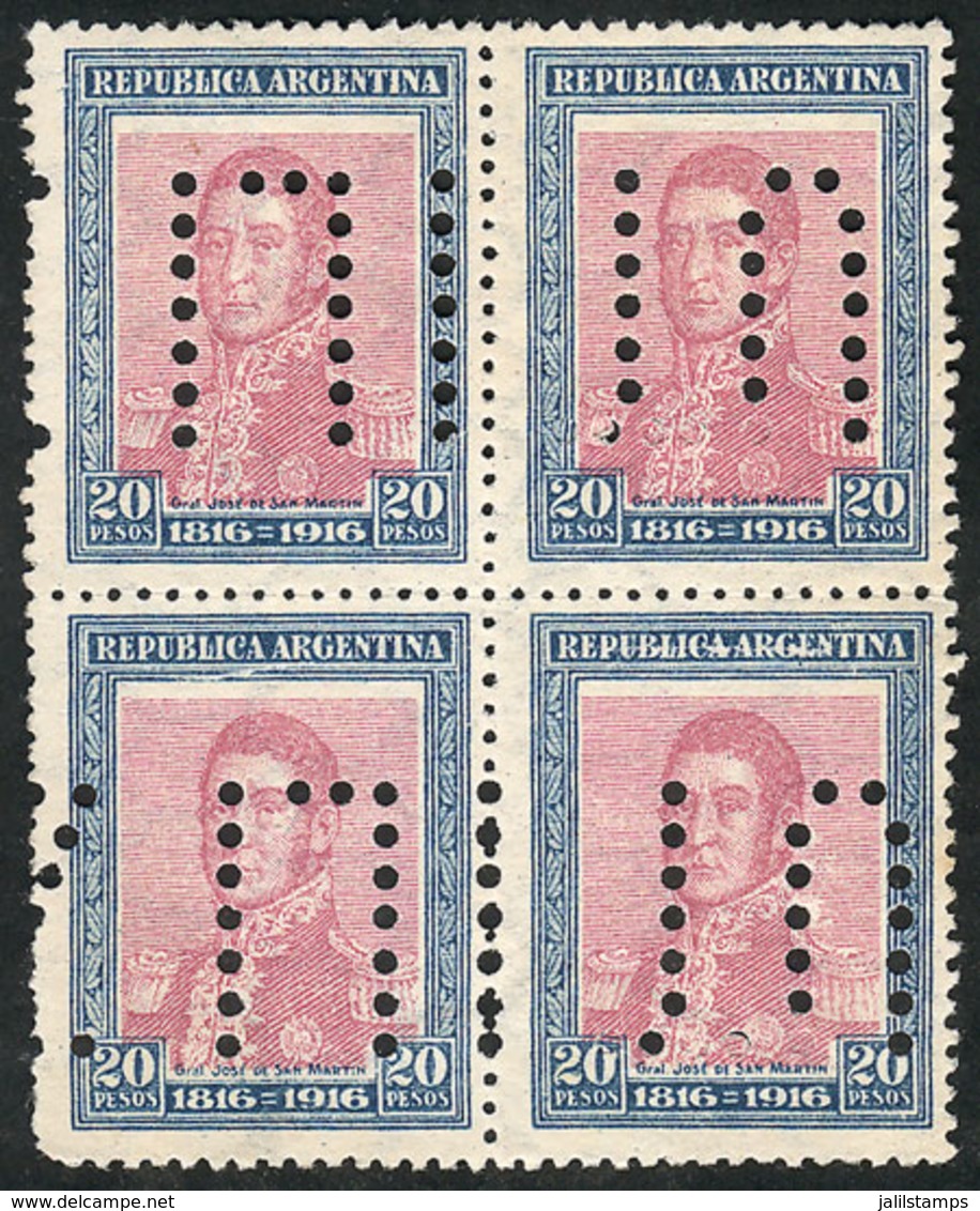 ARGENTINA: GJ.422O, 20P. Centenary Of Independence, With "INUTILIZADO" Perforation, In Block Of 4, VF Quality" - Autres & Non Classés