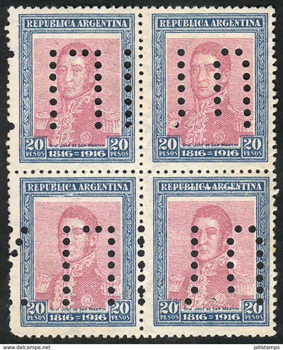 ARGENTINA: GJ.422O, 20P. Centenary Of Independence, With "INUTILIZADO" Perforation, In Block Of 4, VF Quality" - Altri & Non Classificati