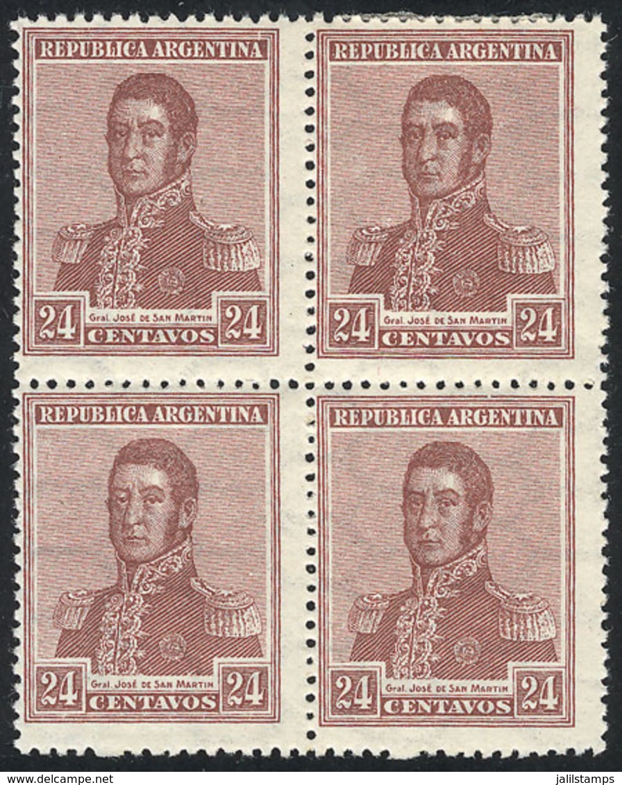 ARGENTINA: GJ.449, 24c. San Martín, Horiz Honeycomb Wmk, Block Of 4, VF Quality (3 Stamps MNH!) - Sonstige & Ohne Zuordnung