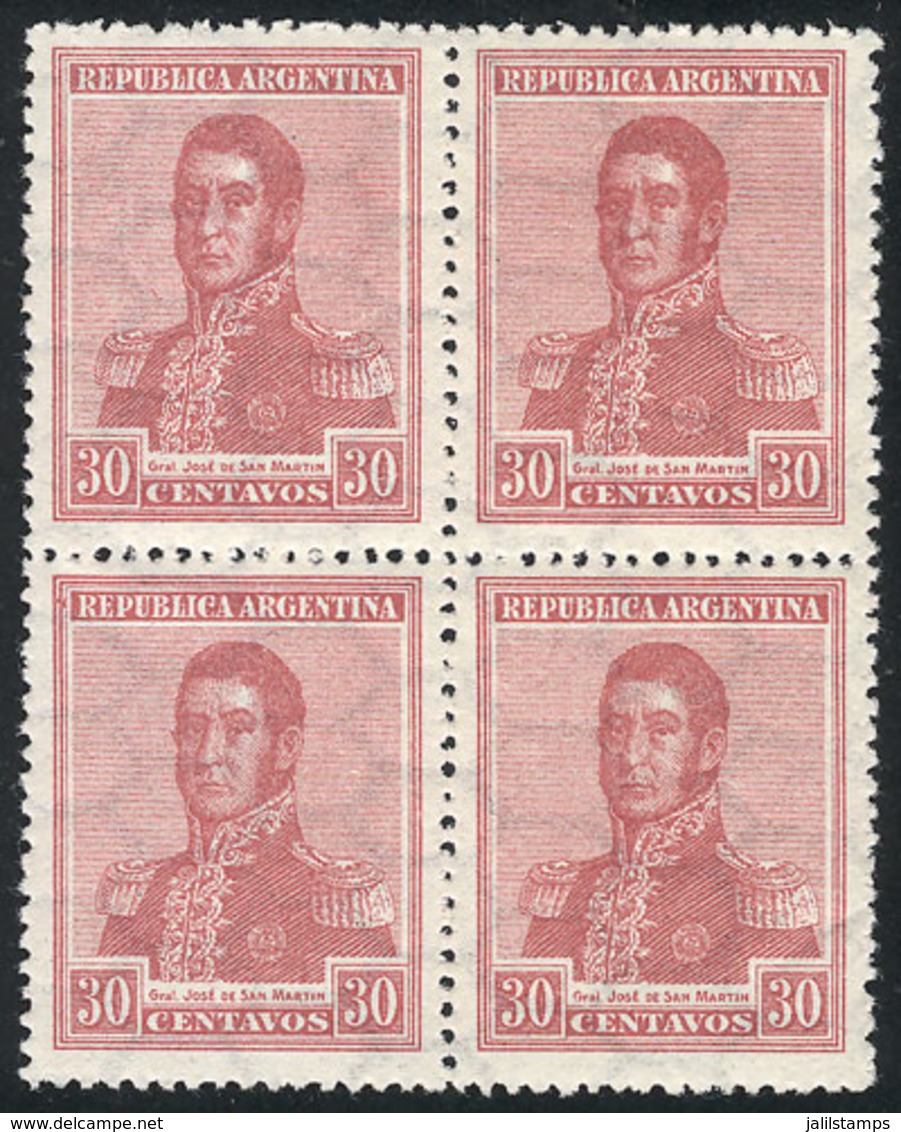 ARGENTINA: GJ.450, 30c. San Martín, Horiz Honeycomb Wmk, Block Of 4, VF Quality (3 Stamps MNH!) - Otros & Sin Clasificación