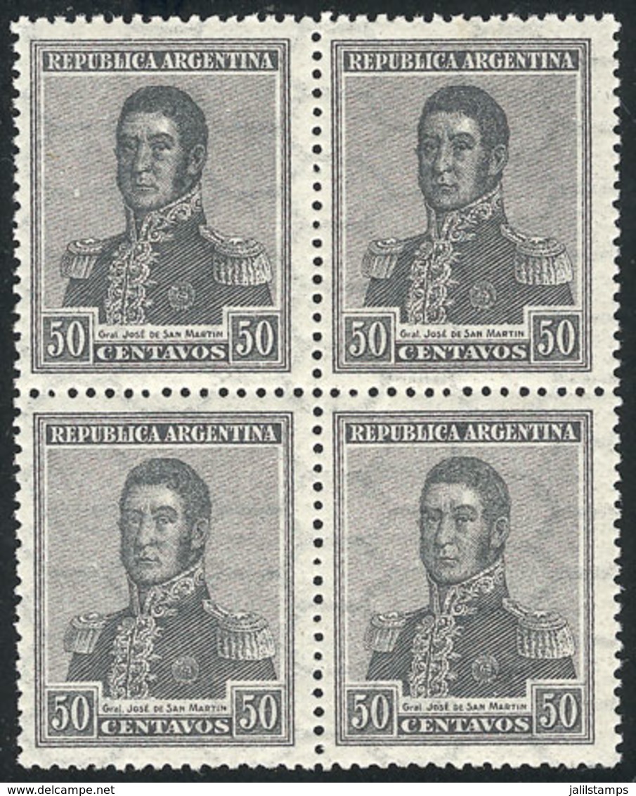 ARGENTINA: GJ.451, 50c. San Martín, Horiz Honeycomb Wmk, Block Of 4, VF Quality (3 Stamps MNH!) - Otros & Sin Clasificación