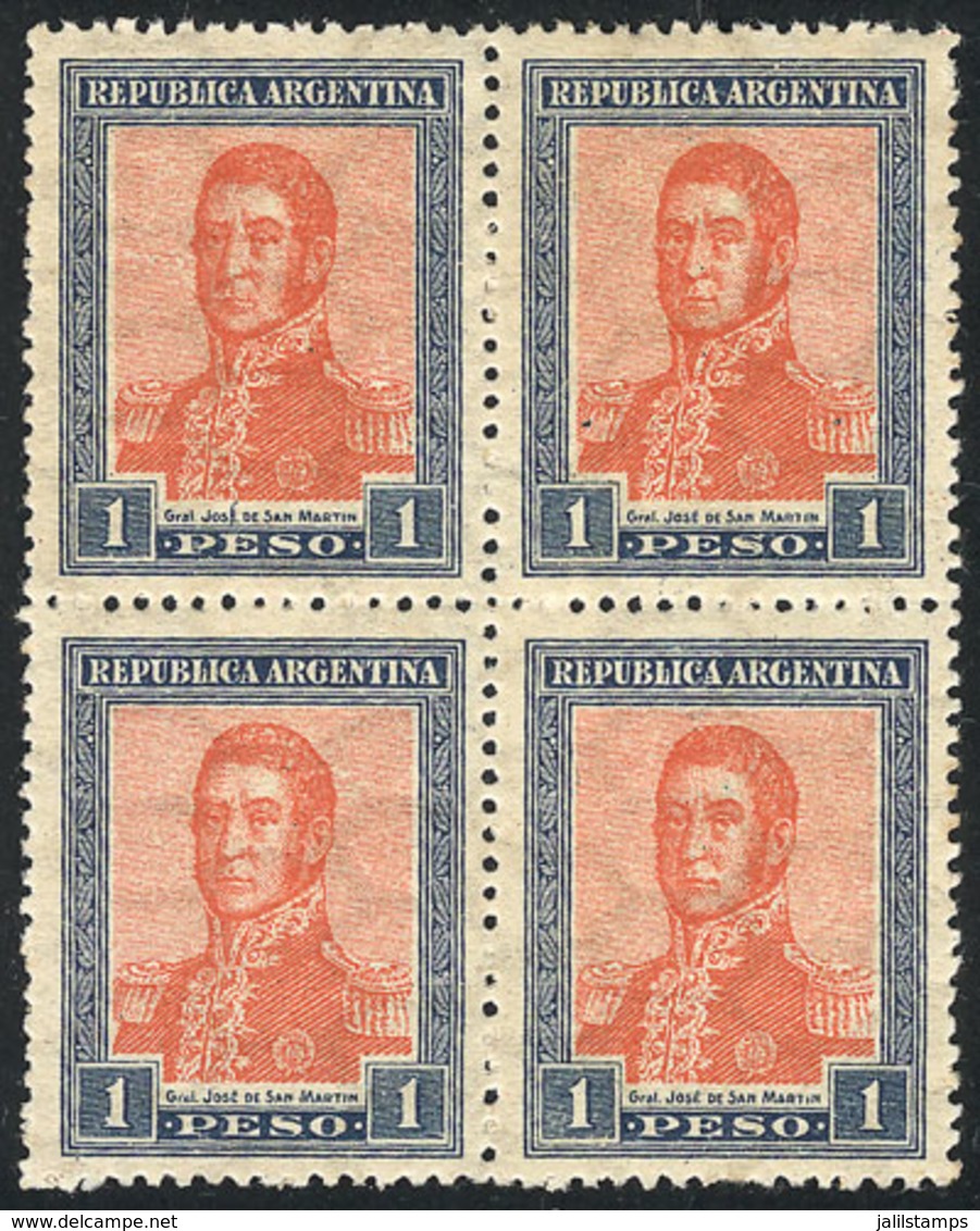 ARGENTINA: GJ.452, 1P. San Martín, Horizontal Honeycomb Wmk, Block Of 4, VF - Autres & Non Classés