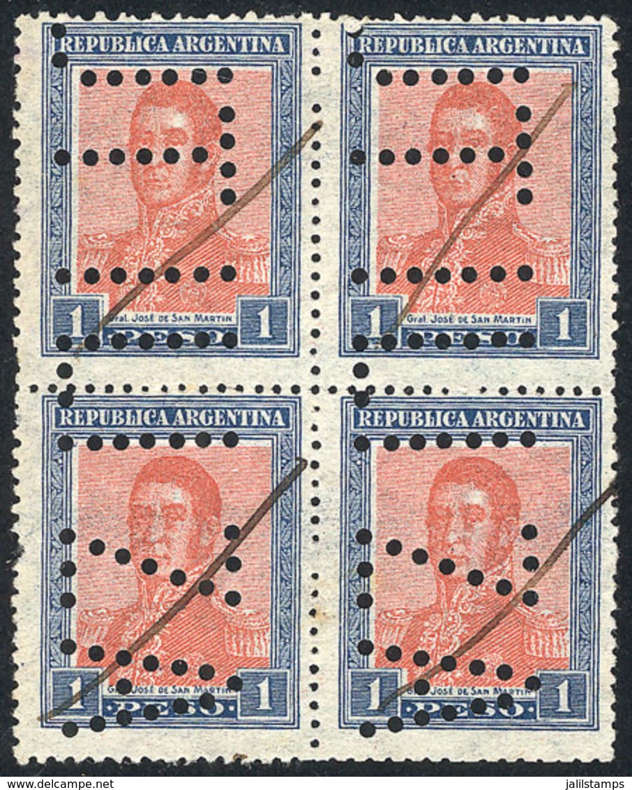 ARGENTINA: GJ.452, 1P. San Martín, Horiz Honeycomb Wmk, Block Of 4 With "INUTILIZADO" Perforation, VF Quality" - Otros & Sin Clasificación