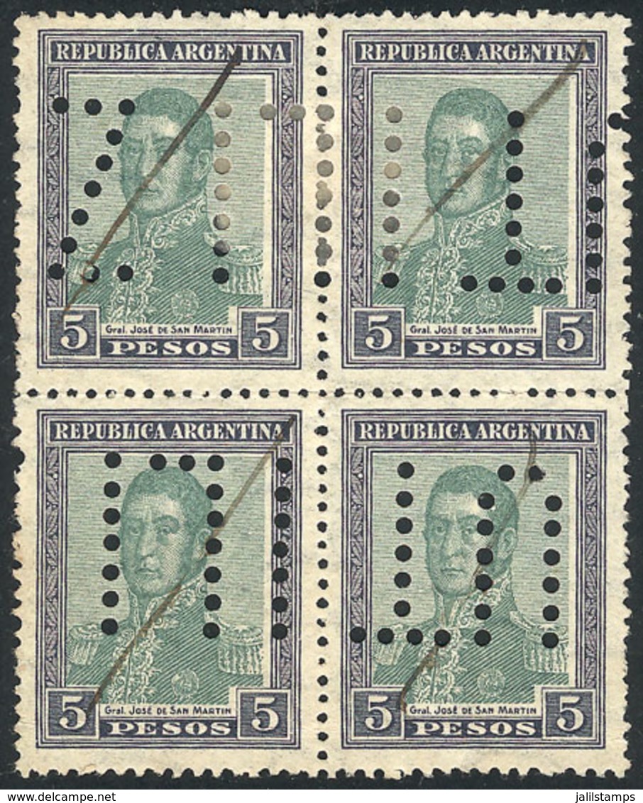 ARGENTINA: GJ.453O, 5P. San Martín, Horiz Honeycomb Wmk, Block Of 4 With "INUTILIZADO" Perforation, VF Quality" - Other & Unclassified