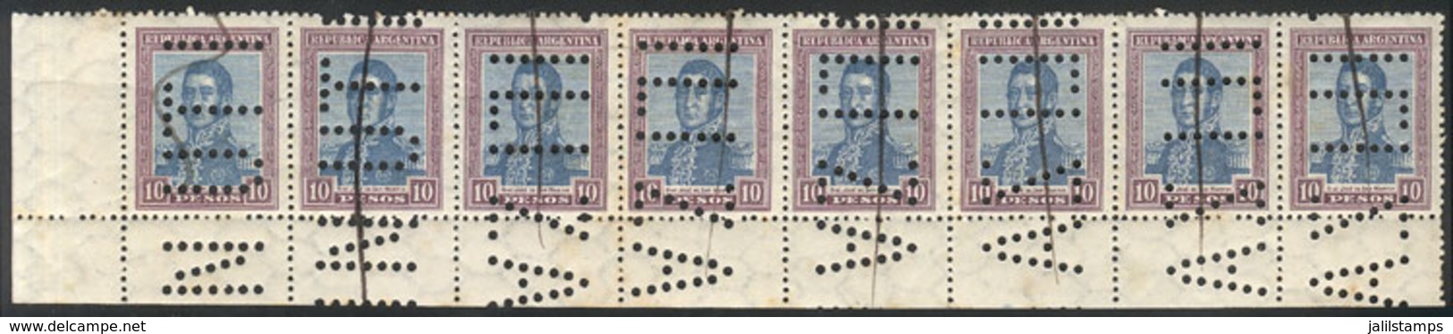 ARGENTINA: GJ.454O, 10P. San Martín, Horiz Honeycomb Wmk, Corner Strip Of 8 Stamps With "INUTILIZADO" Perforation, VF Qu - Otros & Sin Clasificación