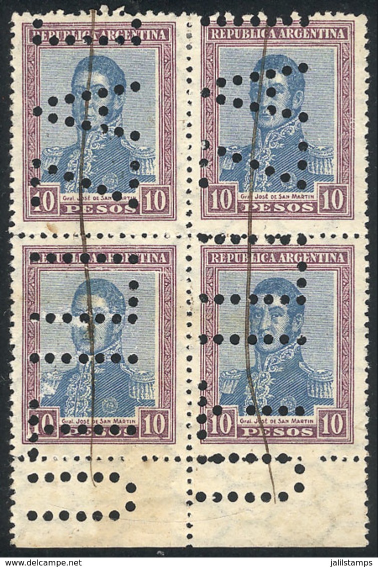 ARGENTINA: GJ.454O, 10P. San Martín, Horiz Honeycomb Wmk, Block Of 4 With "INUTILIZADO" Perforation, VF Quality" - Otros & Sin Clasificación