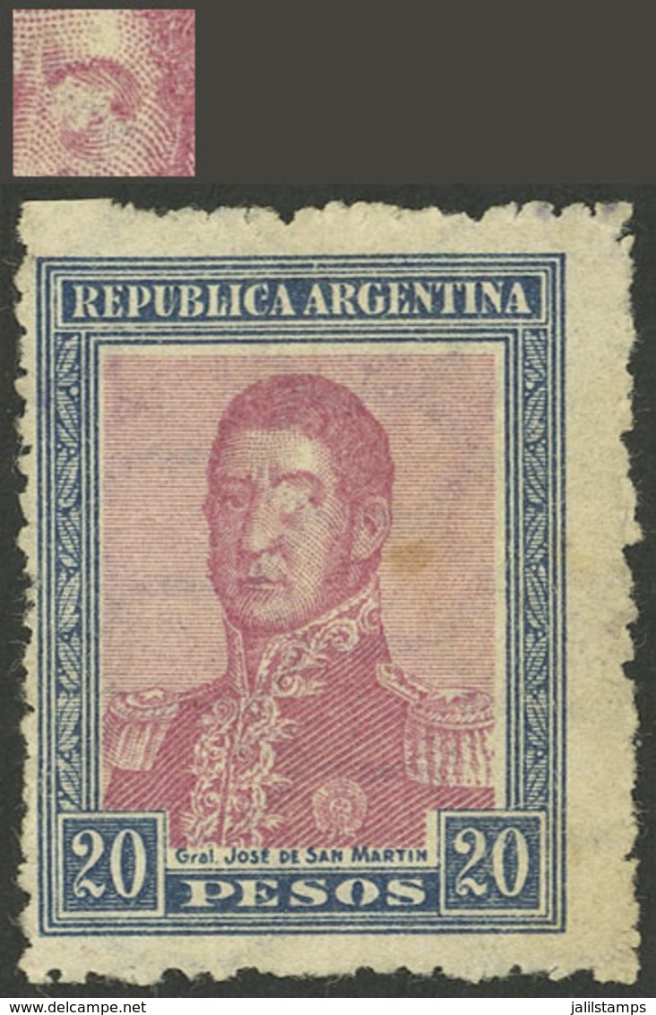 ARGENTINA: GJ.455, 20P. San Martín, Horizontal Honeycomb Wmk, With Variety: Spot Over The Eye, Unused, Without Gum, VF - Otros & Sin Clasificación