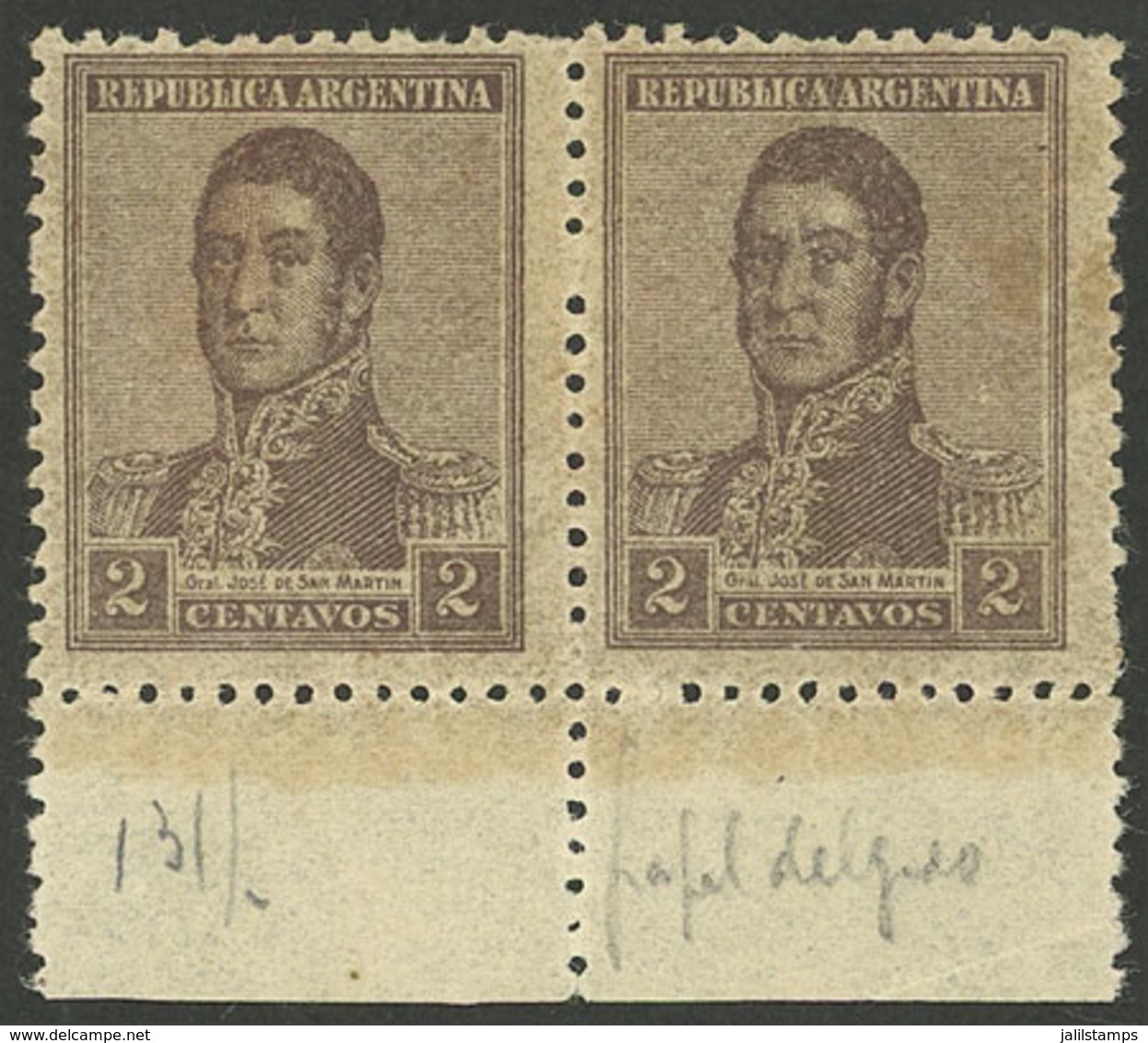 ARGENTINA: GJ.466, 2c. San Martín, Without Watermark, Perf 13½, Printed On Very Thin Transparent Paper, Marginal Pair, V - Other & Unclassified