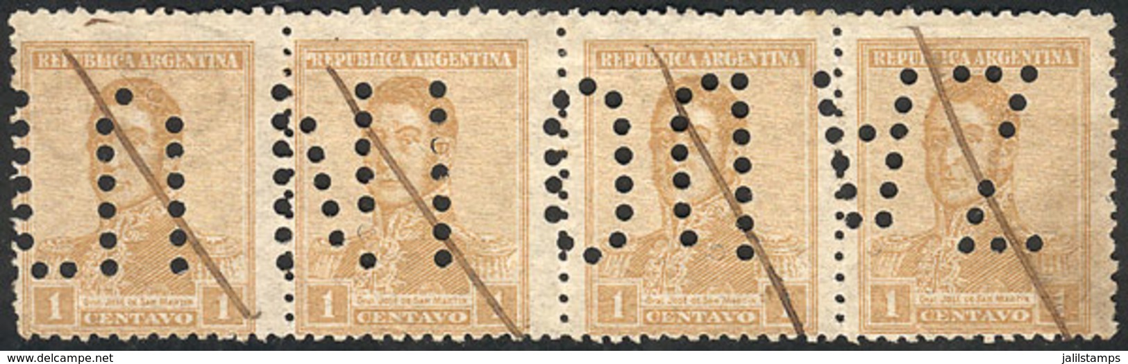 ARGENTINA: GJ.480, 1c. San Martín, Perf 13¼x12½, Strip Of 4 Stamps, One With Wheatley Bond Wmk, With "INUTILIZADO" Perfo - Autres & Non Classés
