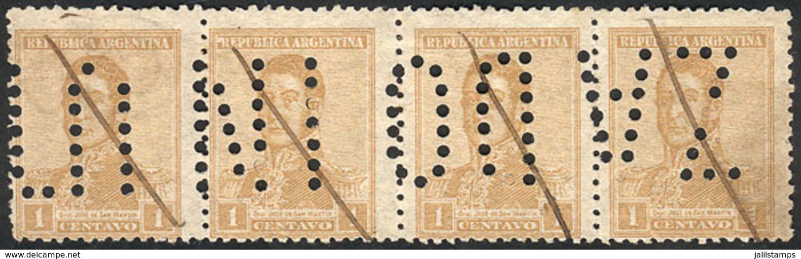 ARGENTINA: GJ.480, 1c. San Martín, Perf 13¼x12½, Strip Of 4 Stamps, One With Wheatley Bond Wmk, With "INUTILIZADO" Perfo - Altri & Non Classificati