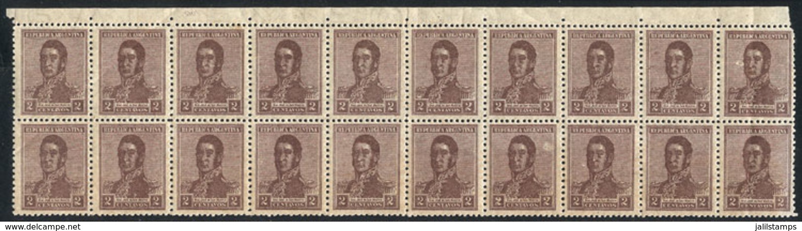 ARGENTINA: GJ.481, 2c. San Martín, Block Of 20 Stamps, 7 Of Them With WHEATLEY BOND Wmk, VF - Otros & Sin Clasificación