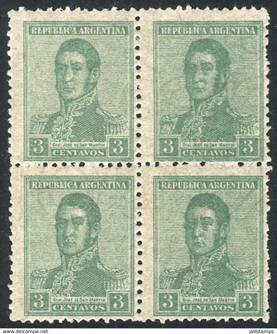 ARGENTINA: GJ.482, 3c. San Martín, Block Of 4, With Filigrana WHEATLEY BOND Wmk, VF Quality (2 MNH!), Rare Block With Wa - Otros & Sin Clasificación