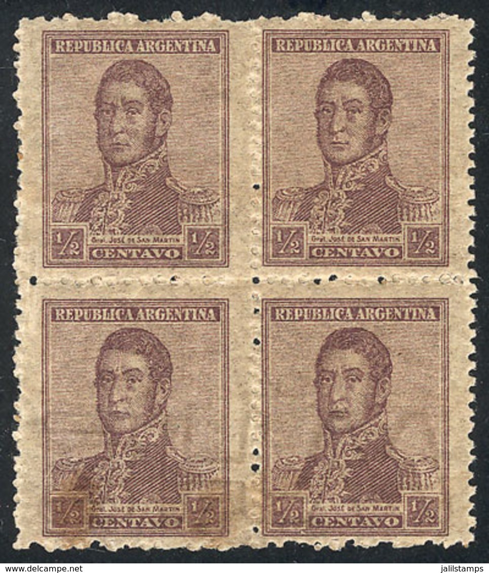 ARGENTINA: GJ.485, ½c. San Martín, Perf 13¼, Block Of 4, 2 With WHEATLEY BOND Wmk, VF - Autres & Non Classés