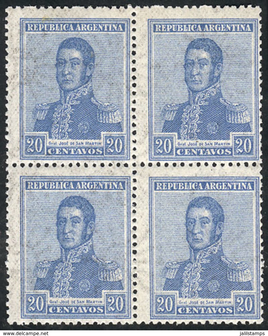 ARGENTINA: GJ.519, 20c. San Martín, Fiscal Sun Wmk, Perf 13¼, MNH Block Of 4, Excellent - Otros & Sin Clasificación