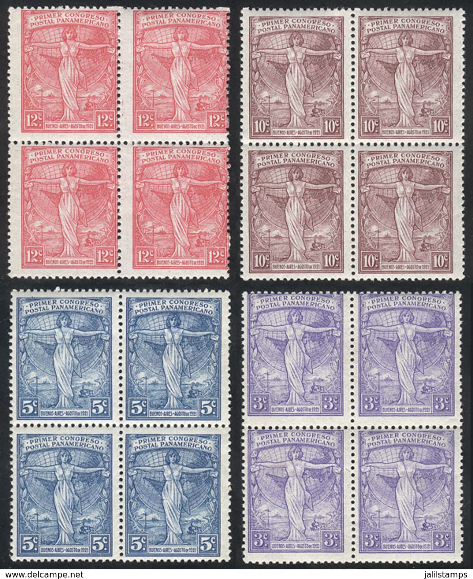 ARGENTINA: GJ.529, 1st Panamerican Postal Congress, Cmpl. Set Of 4 Values, In MNH Blocks Of 4 - Autres & Non Classés