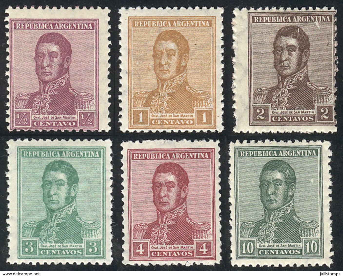 ARGENTINA: GJ.543/8, San Martín, Round Sun Wmk, Perf 13¼x12½, Cmpl. Set Of 6 Values, MNH - Autres & Non Classés