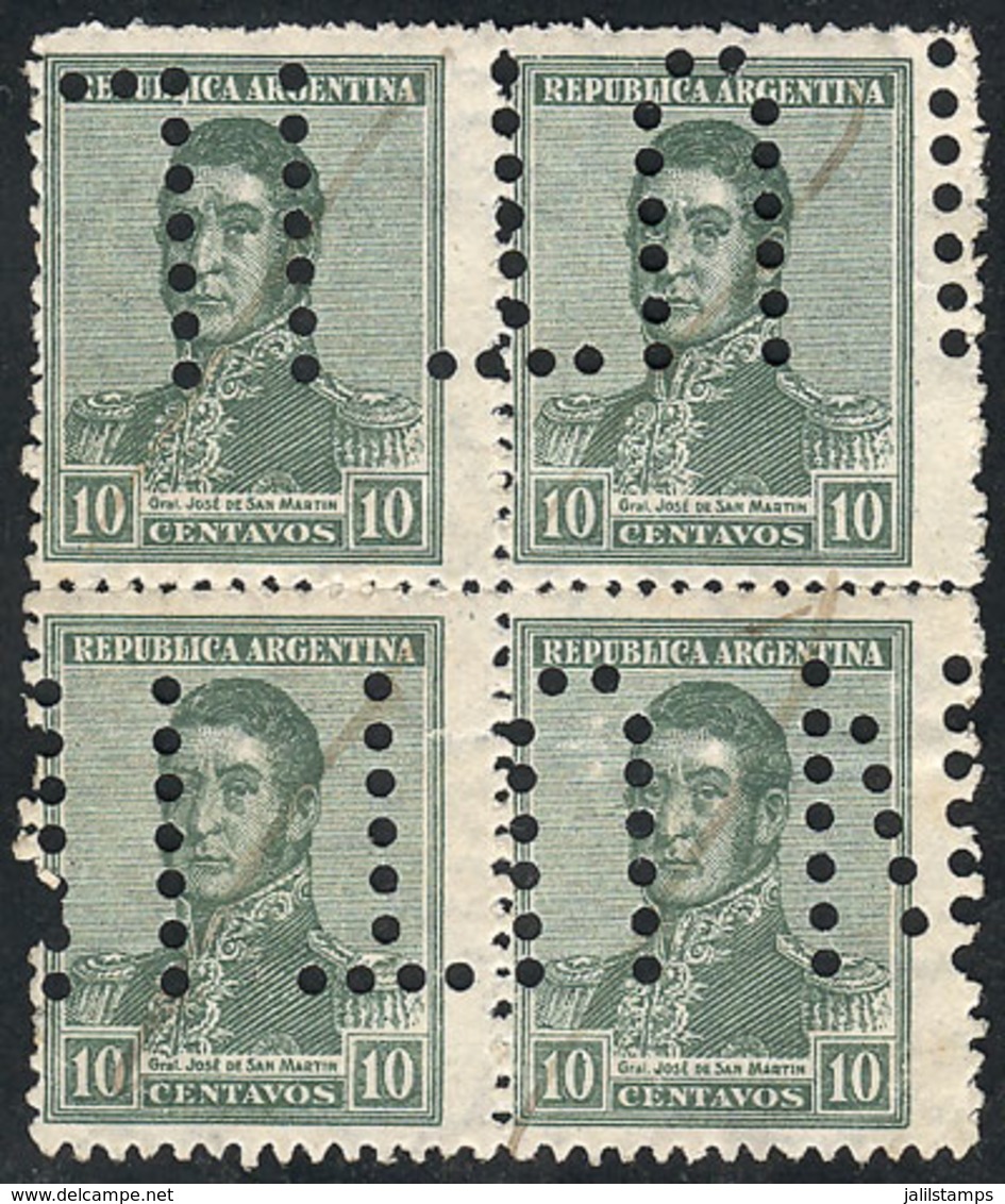 ARGENTINA: GJ.548, 10c. San Martín, Round Sun Wmk, Perf 13¼x12½, Block Of 4 With "INUTILIZADO" Perforation, VF Quality,  - Autres & Non Classés