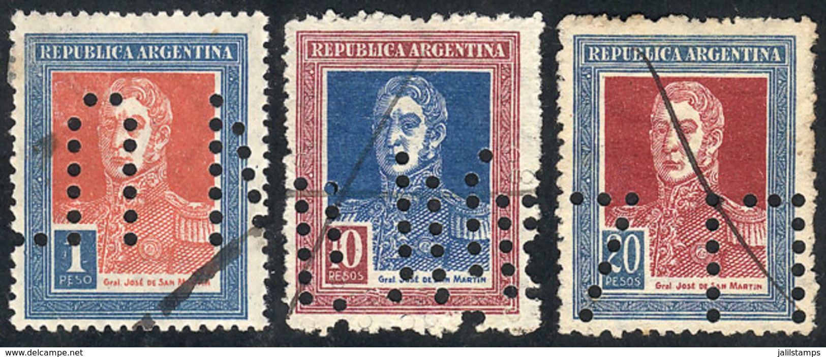 ARGENTINA: GJ.586O + 588O + 589O, 1P, 10P And 20P. San Martín, Round Sun Wmk, With "INUTILIZADO" Perforation, VF Quality - Autres & Non Classés