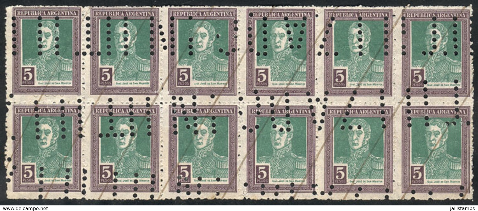 ARGENTINA: GJ.587O, 5P. San Martín, Round Sun Wmk, Block Of 12 Stamps With "INUTILIZADO" Perforations, VF Quality" - Autres & Non Classés