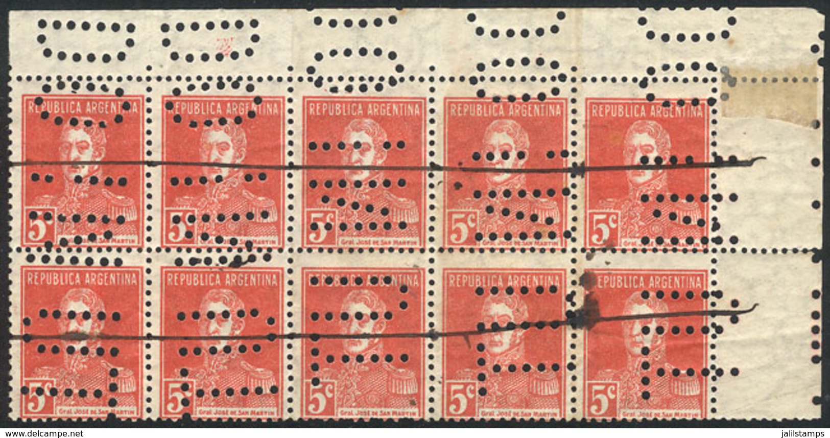 ARGENTINA: GJ.599, 5c. San Martín, Without Period After The Value, Corner Block Of 10 Stamps With "INUTILIZADO" Perforat - Autres & Non Classés