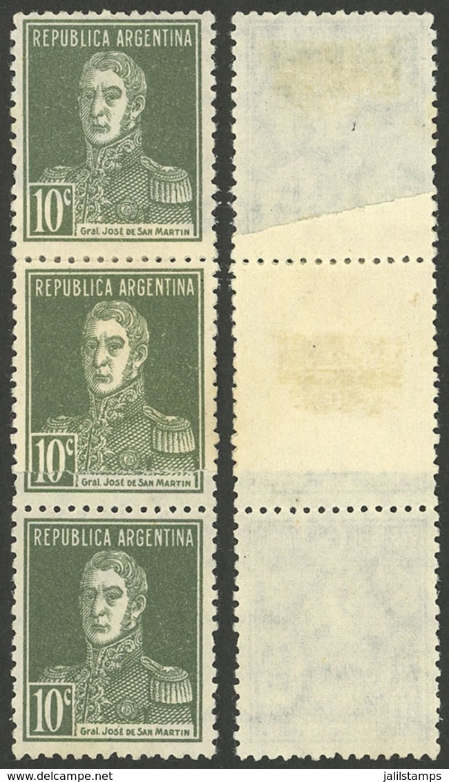 ARGENTINA: GJ.600, 10c. San Martín W/o Period, Strip Of 3 Stamps With End-of-roll Double Paper, Unused, Without Gum, VF - Otros & Sin Clasificación