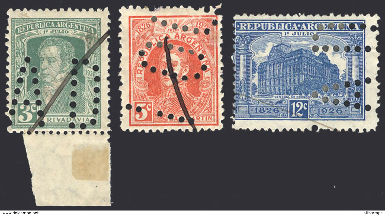 ARGENTINA: GJ.622/4, 3c, 5c And 12c. Centenary Of Argentine Mail, With "INUTILIZADO" Perforation, VF, Rare!" - Autres & Non Classés