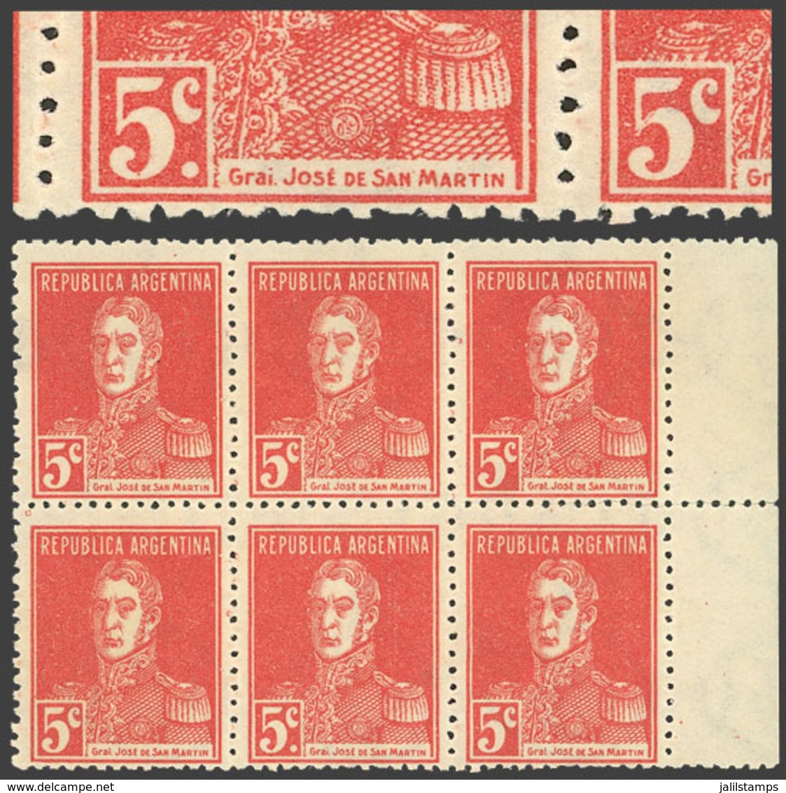 ARGENTINA: GJ.629d, 5c. San Martín, AP Watermark, Marginal Block Of 6 Stamps, One Of Them With Period, MNH, VF Quality - Autres & Non Classés