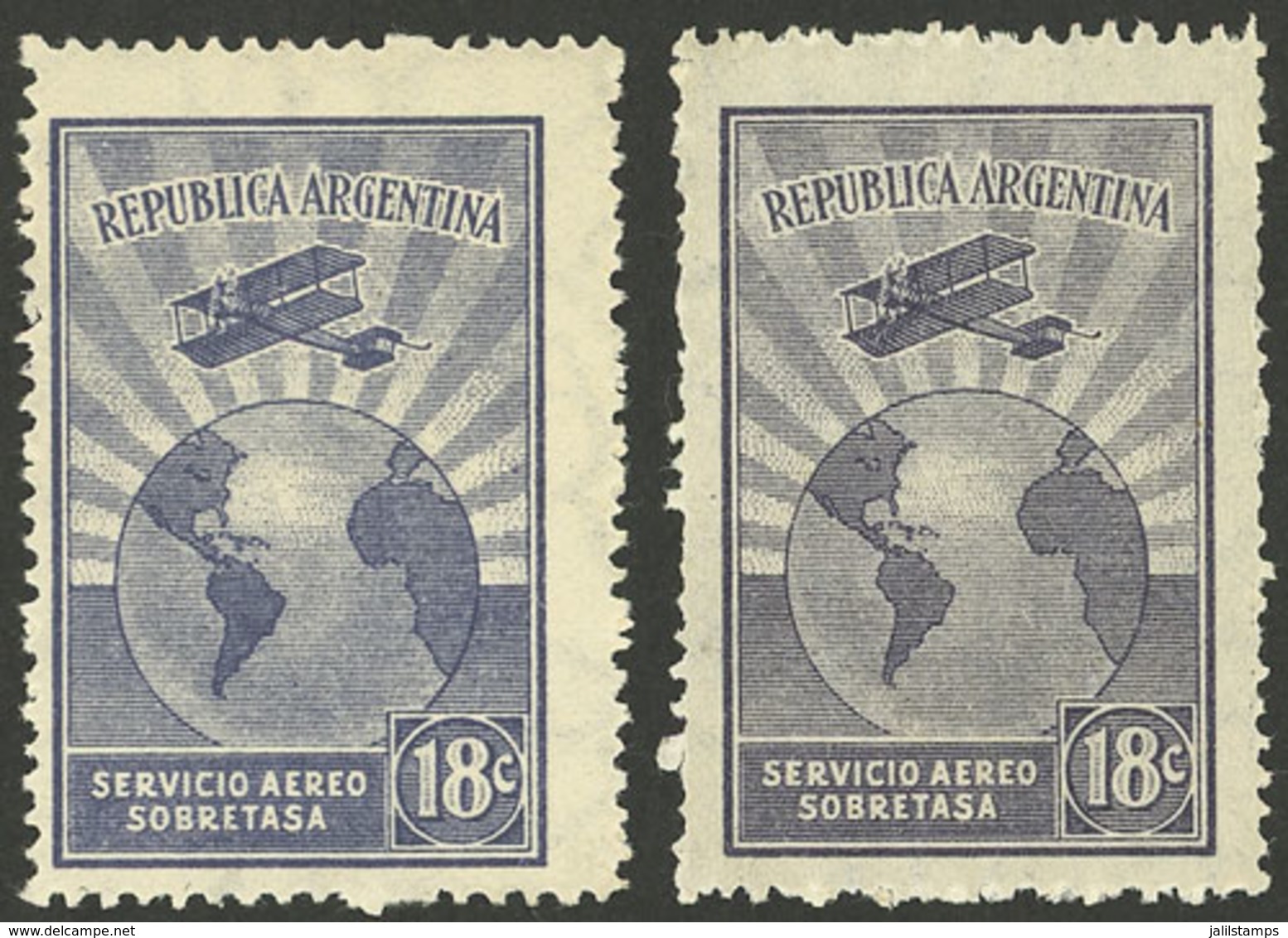 ARGENTINA: GJ.639 + 639A, Airmail 18c. Sobretasa, In Gray-violet And Slate Gray, VF - Autres & Non Classés
