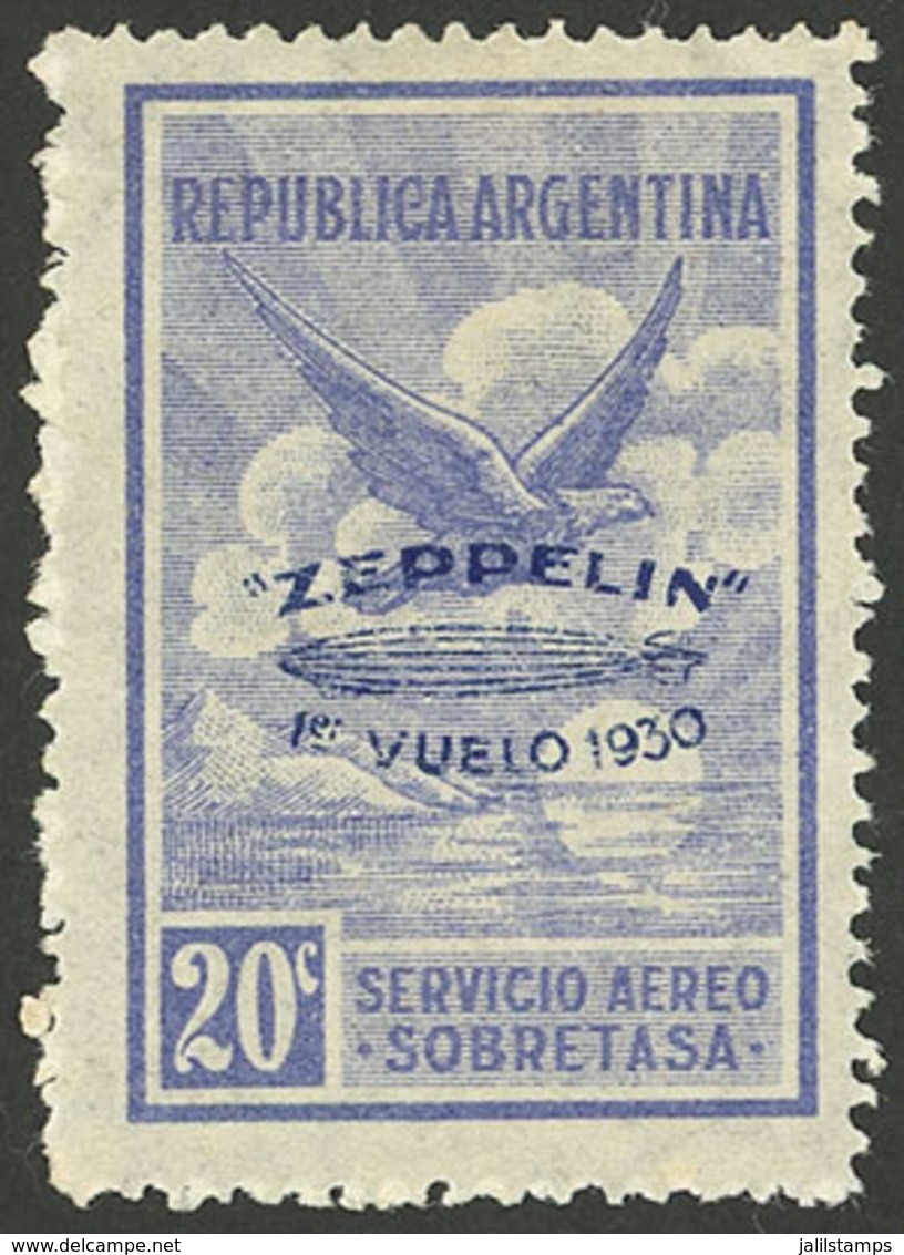 ARGENTINA: GJ.660, Airmail 20c. Zeppelin First Flight, Blue Overprint, VF - Autres & Non Classés