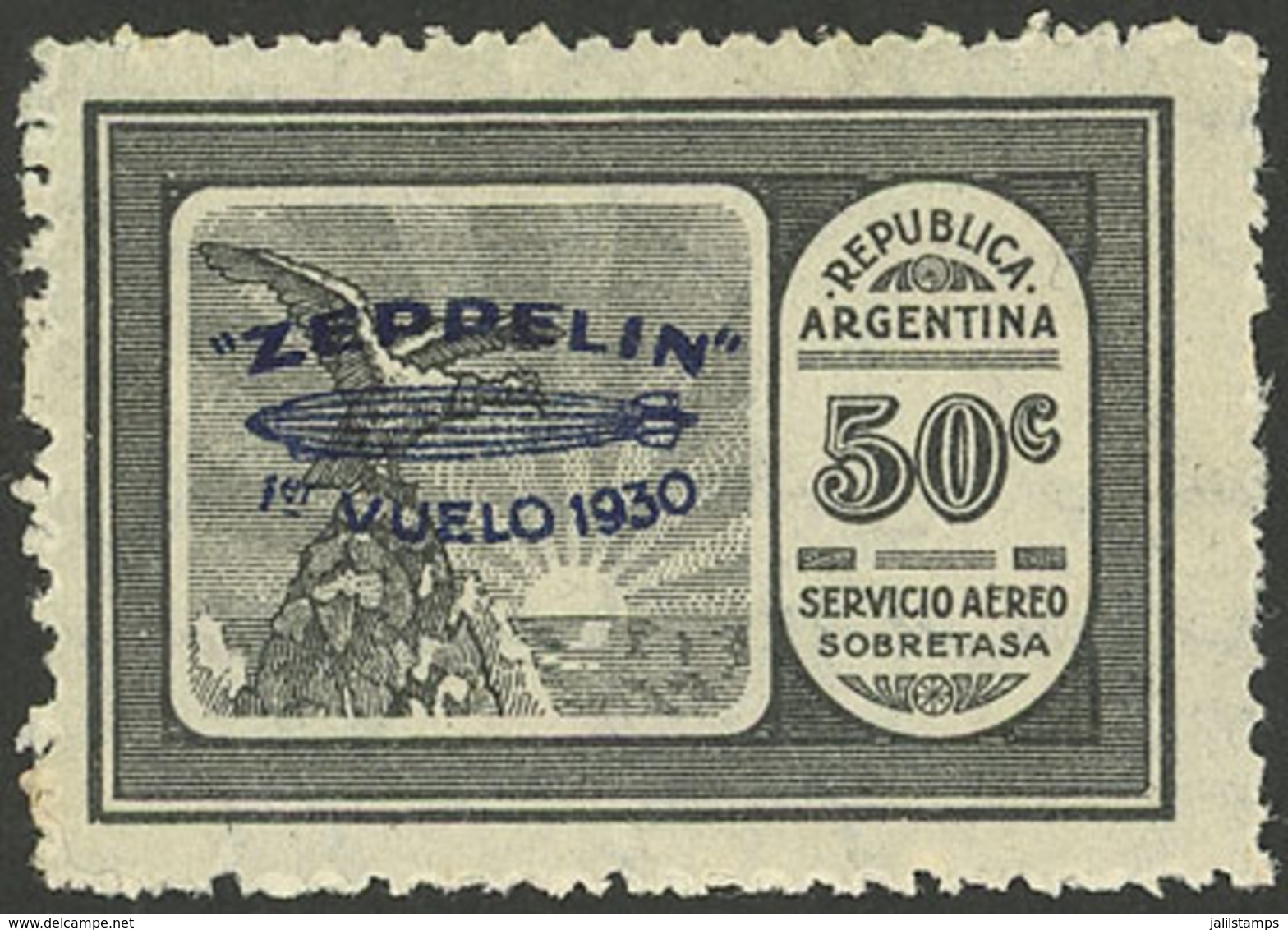 ARGENTINA: GJ.661, Airmail 50c. Zeppelin First Flight, Blue Overprint, VF - Autres & Non Classés