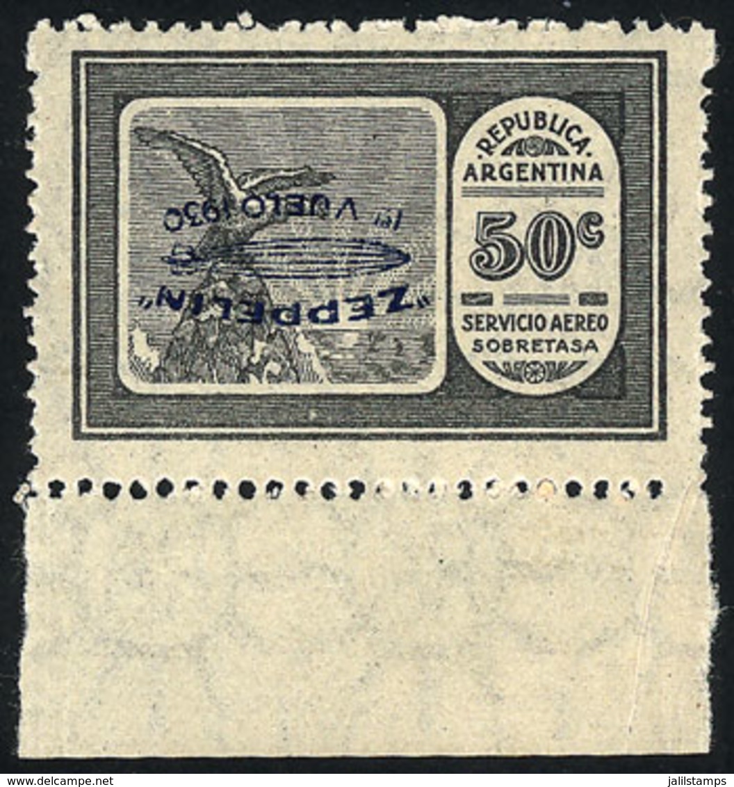 ARGENTINA: GJ.661a, Airmail, First Zeppelin Flight 50c., With INVERTED OVERPRINT Variety, VF Quality - Autres & Non Classés