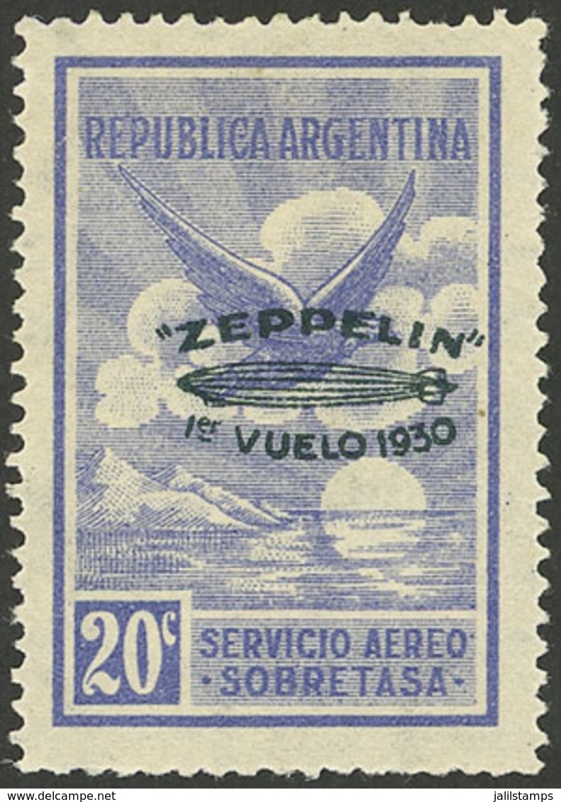 ARGENTINA: GJ.665, Airmail 20c. Zeppelin First Flight, Green Overprint, VF - Autres & Non Classés