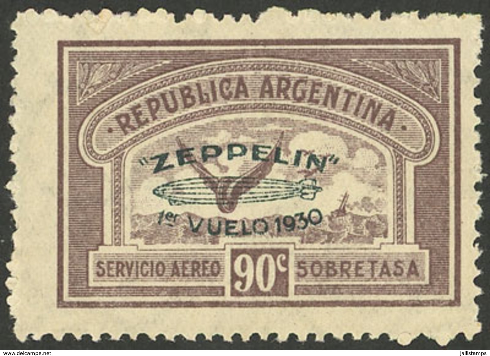 ARGENTINA: GJ.667, Airmail 90c. Zeppelin First Flight, Green Overprint, VF - Autres & Non Classés