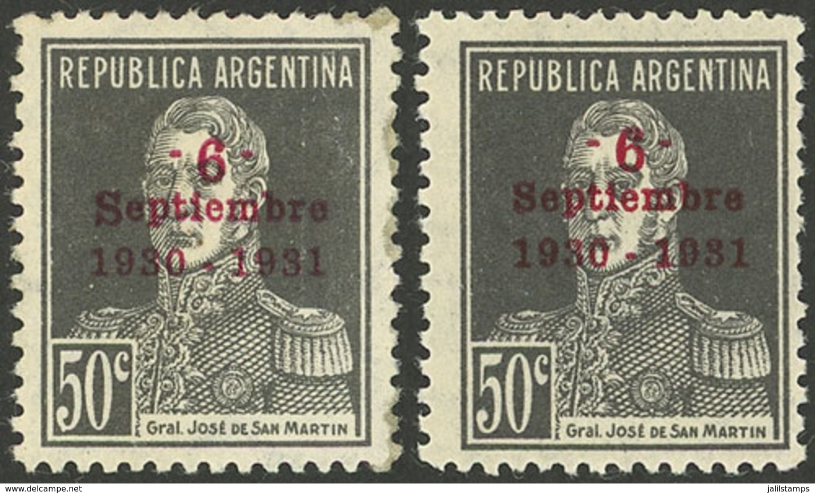 ARGENTINA: GJ.699 + 704, 50c. 1st Anniversary Of The 1930 Revolution, One Example With Small S And One Example With Larg - Otros & Sin Clasificación