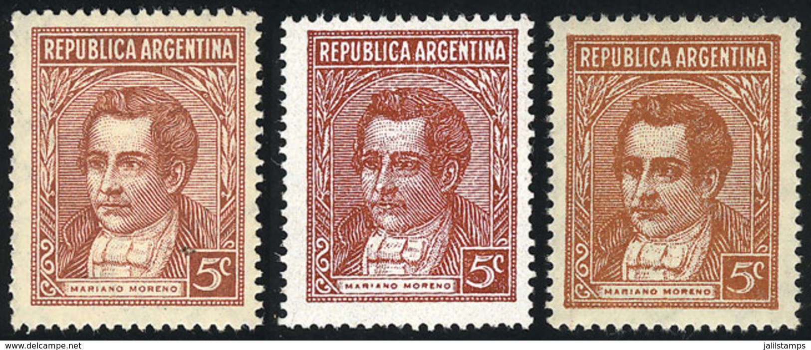 ARGENTINA: GJ.744 + 795 + 800, Moreno 5c. Offset And Typographed On Unsurfaced And Chalky Paper, MNH, VF Quality - Autres & Non Classés
