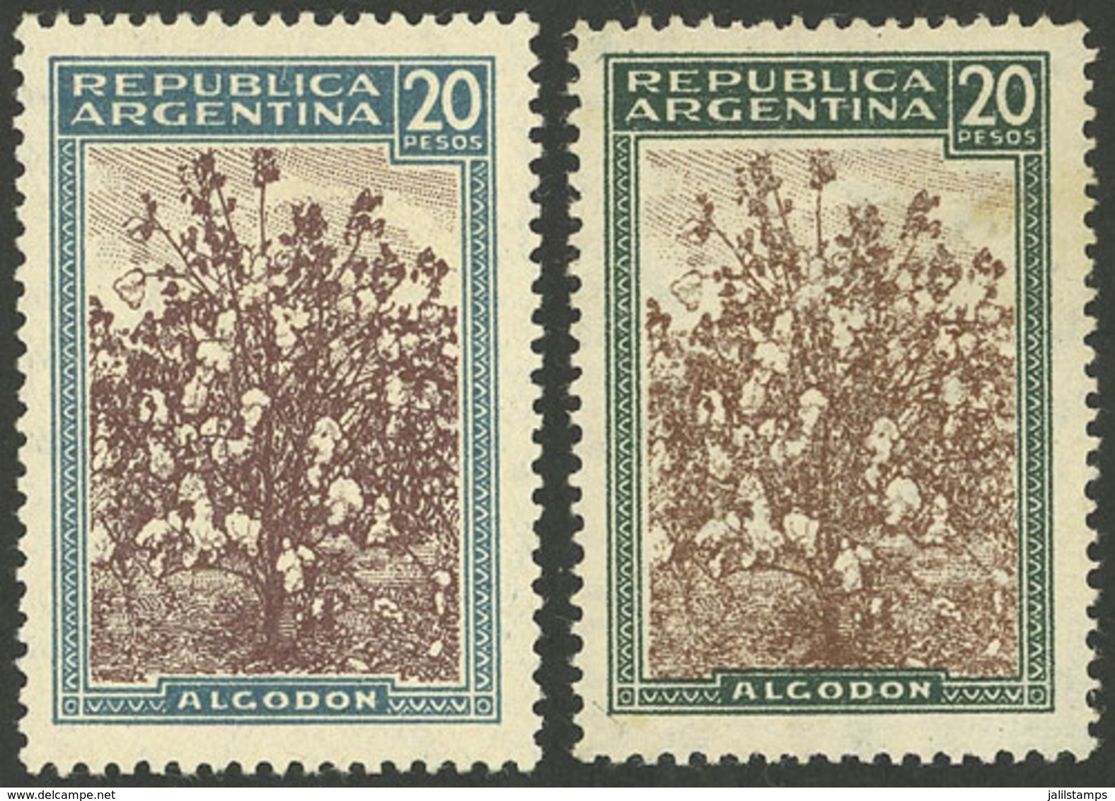 ARGENTINA: GJ.765 + 765A, 20P. Cotton, In Green-blue And Chestnut + Blue-green And Chestnut, VF - Otros & Sin Clasificación