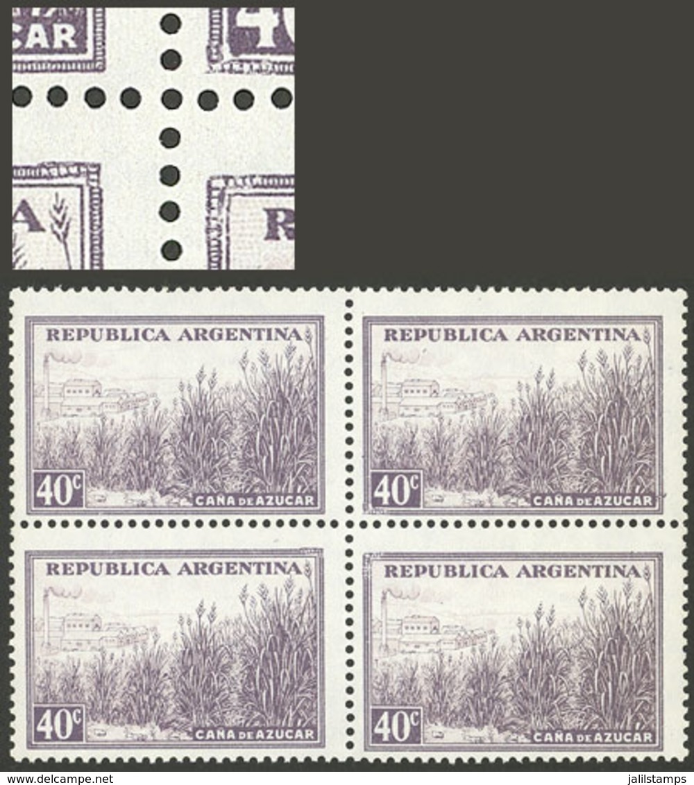 ARGENTINA: GJ.768Ac, 40c. Sugar Cane, Glazed Paper, Block Of 4, 3 Of Them With Retouch In The Inner Angles, VF - Otros & Sin Clasificación