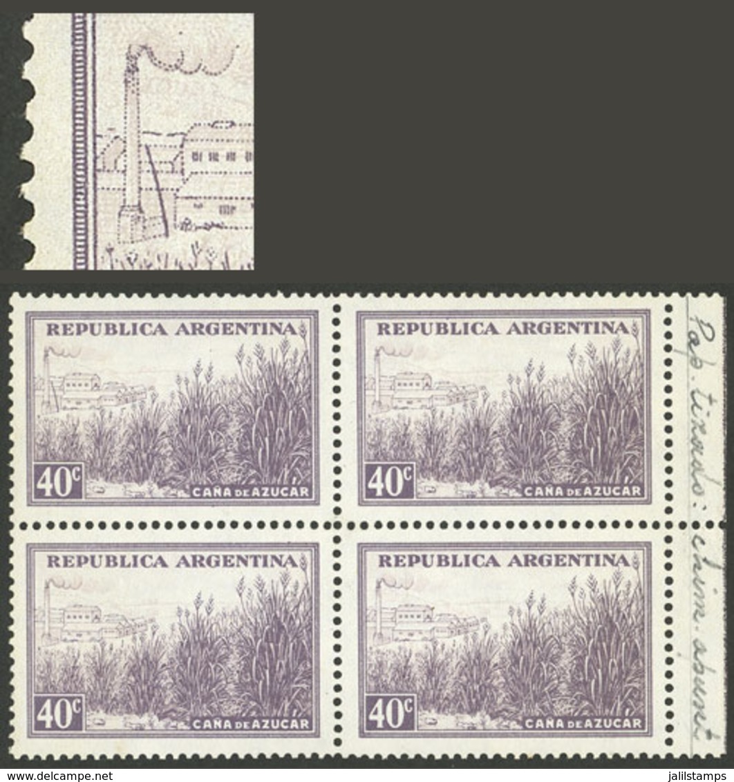 ARGENTINA: GJ.768Aa, 40c. Sugar Cane, Glazed Paper, Block Of 4, One With Variety "Telegraph Post", VF" - Autres & Non Classés