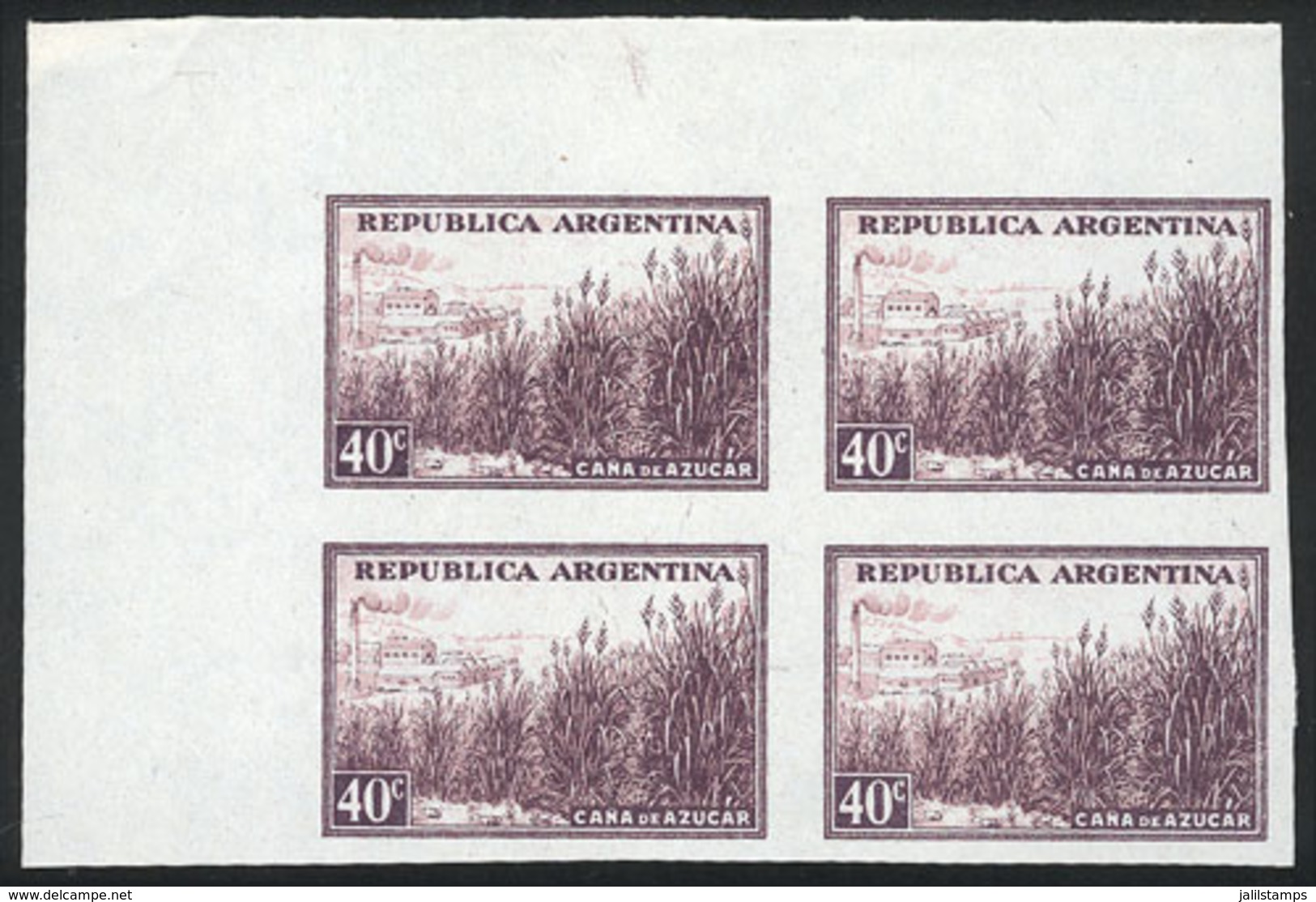 ARGENTINA: GJ.768P, 40c. Sugar Cane, Chalky Paper, Imperforate Block Of 4 With Sheet Corner, MNH - Autres & Non Classés