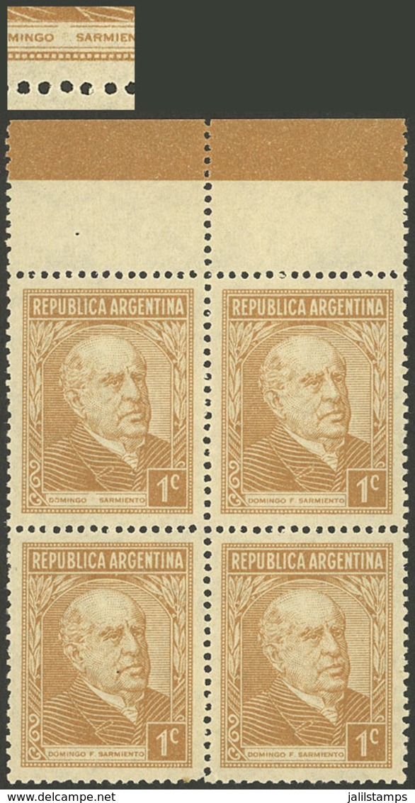 ARGENTINA: GJ.773b, 1c. Sarmiento, National Unsurfaced Gaufre Paper (papel Gofrado), Marginal Block Of 4, One With Varie - Autres & Non Classés