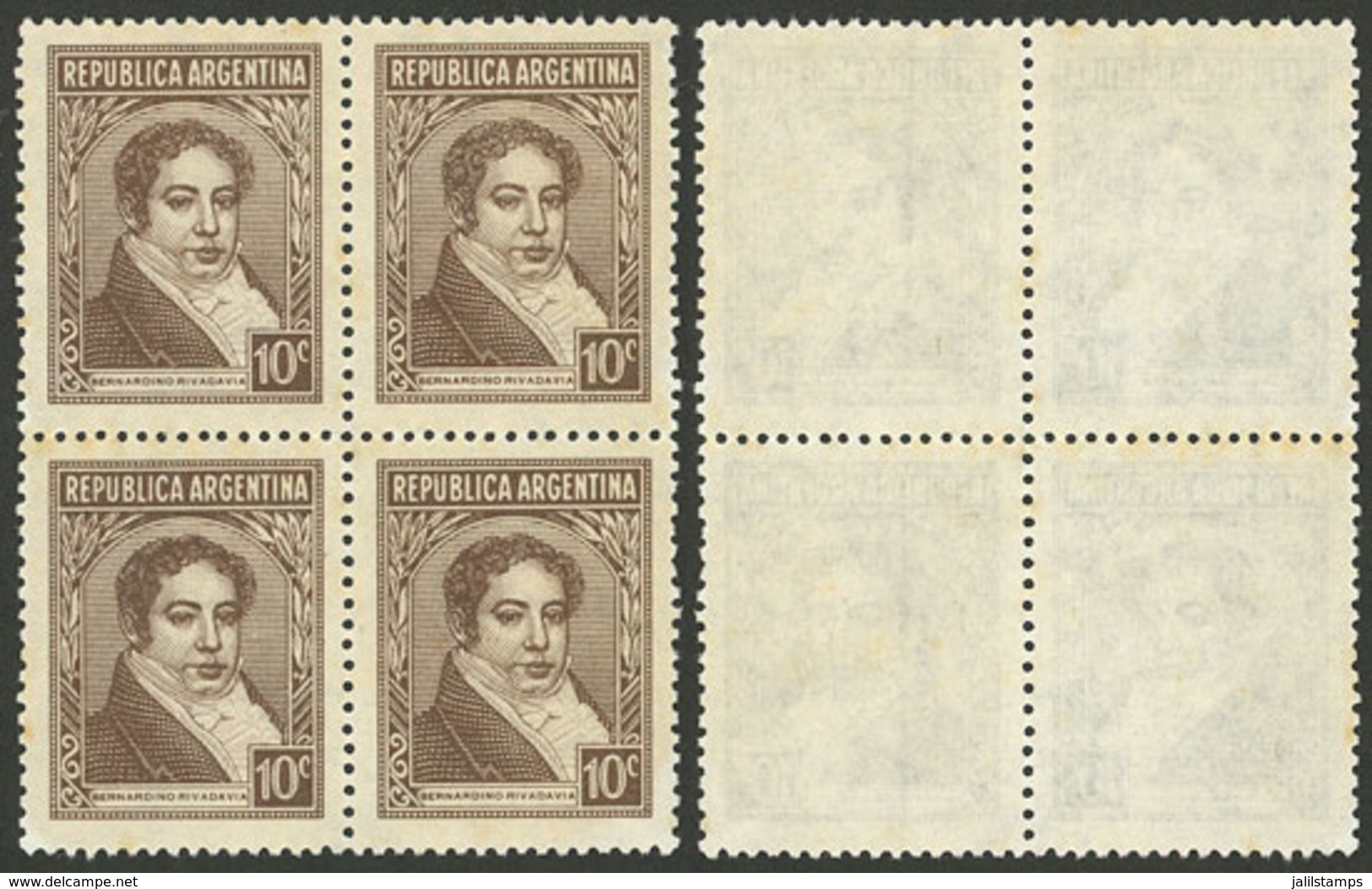 ARGENTINA: GJ.774Ab, 10c. Rivadavia, Round Lapel, National Unsurfaced Paper, Block Of 4, 2 With Variety: Vertical Line W - Autres & Non Classés