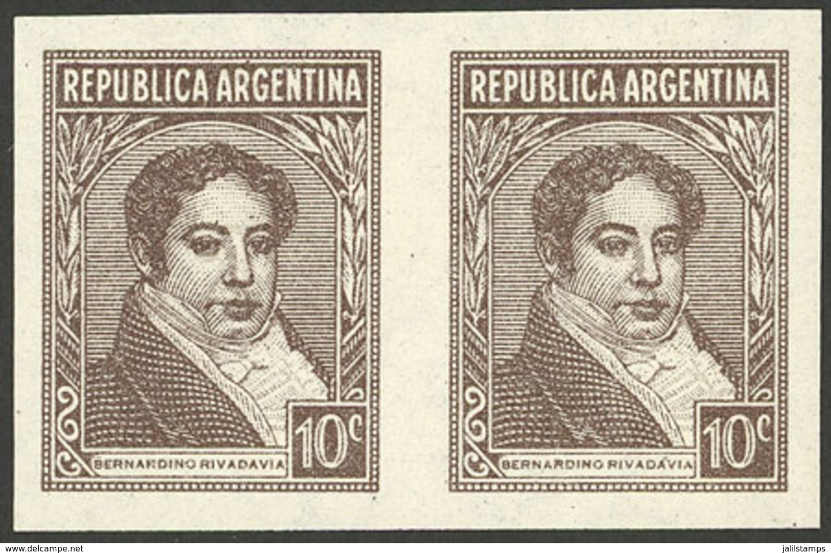 ARGENTINA: GJ.774AP, 10c. Rivadavia, Round Lapel, National Unsurfaced Paper, Imperf Pair, VF - Otros & Sin Clasificación